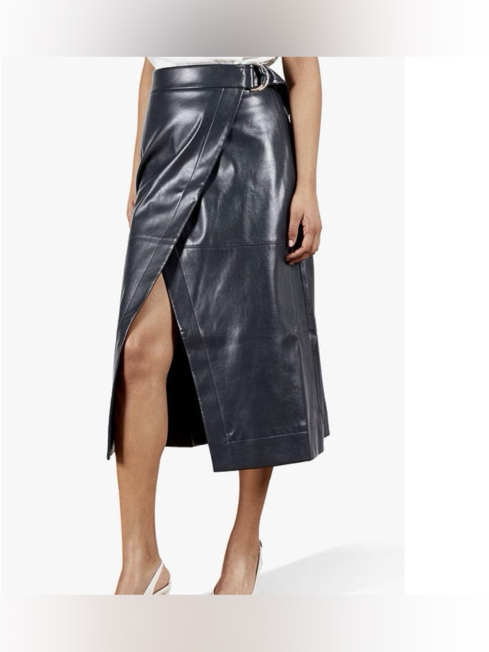NWT Ted Baker A Line Wrap Skirt Navy, size:4, foux leather